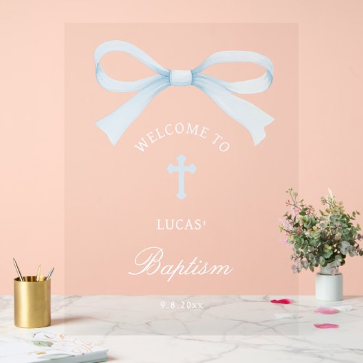 Watercolor Blue Bow Baptism Welcome アクリルサイン (ウェディング)