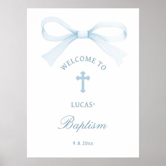 Watercolor Blue Bow Baptism Welcome ポスター (正面)