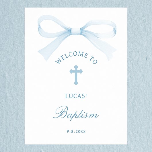 Watercolor Blue Bow Baptism Welcome ポスター