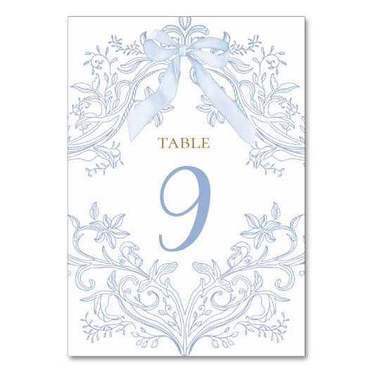 watercolor blue bow elegant table number テーブルナンバー (正面)