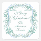 Watercolor Blue Bow Garland Christmas Gift スクエアシール (正面)