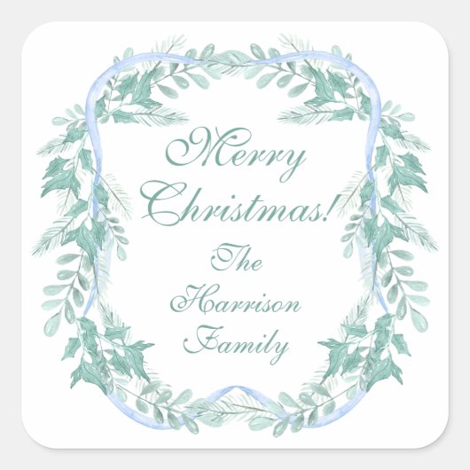 Watercolor Blue Bow Garland Christmas Gift スクエアシール (正面)