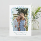 Watercolor Blue Bow Garland Christmas Photo シーズンカード (スタンド正面)