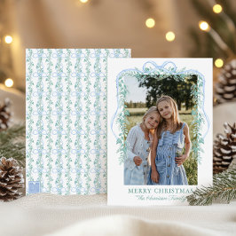 Watercolor Blue Bow Garland Christmas Photo シーズンカード