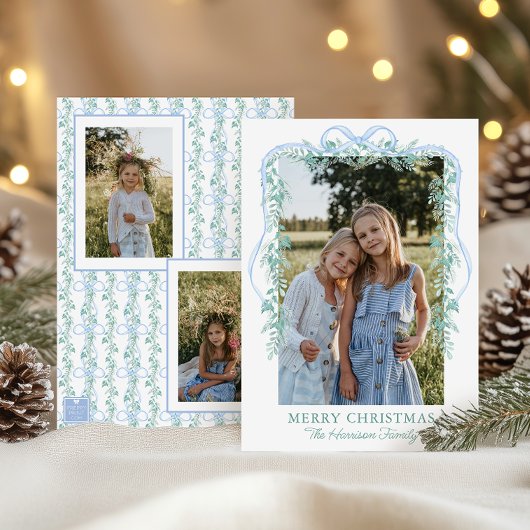 Watercolor Blue Bow Garland Christmas Photo シーズンカード