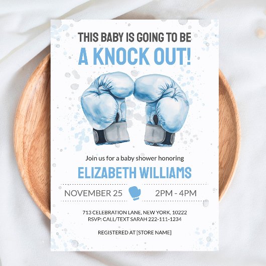 Watercolor Blue Boxing Baby Boy Shower Invitation 招待状