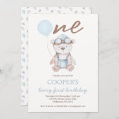 Watercolor Blue Brown Beary First Birthday  招待状 (正面/裏面)