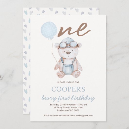 Watercolor Blue Brown Beary First Birthday  招待状 (正面/裏面)