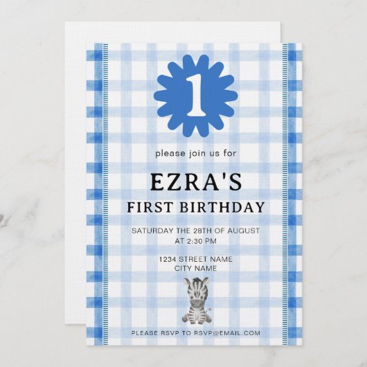 Watercolor Blue Check Koala Birthday Invitation 招待状 (正面/裏面)