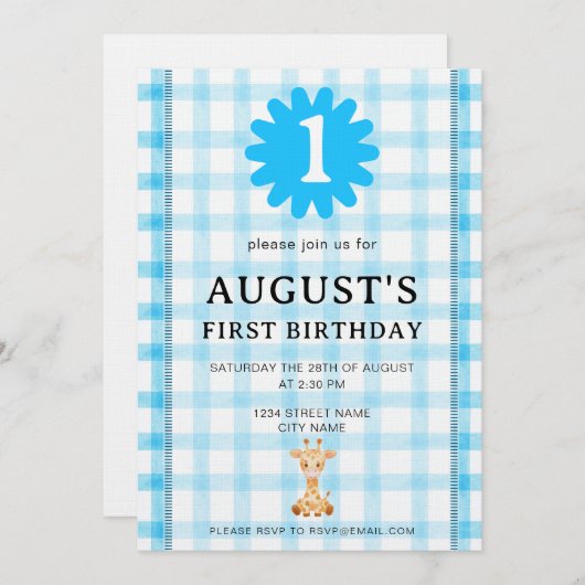 Watercolor Blue Check Koala Birthday Invitation 招待状 (正面/裏面)