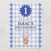 Watercolor Blue Check Tiger Birthday Invitation 招待状 (正面)