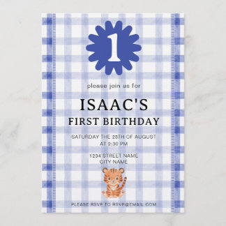 Watercolor Blue Check Tiger Birthday Invitation 招待状