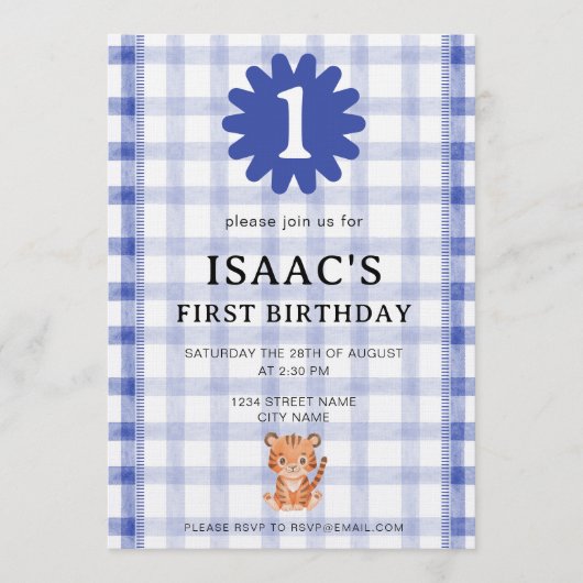 Watercolor Blue Check Tiger Birthday Invitation 招待状 (正面)