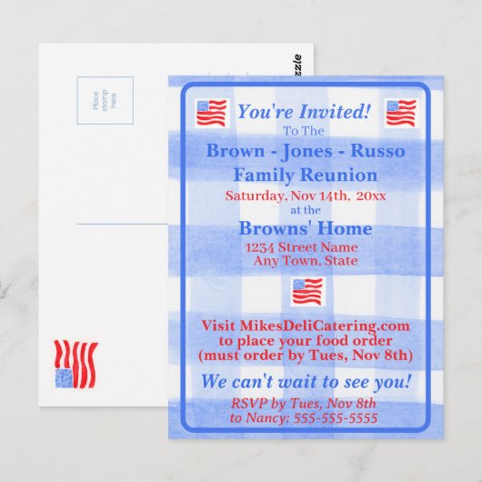 Watercolor Blue Check USA Flag Invitation ポストカード (正面/裏面)