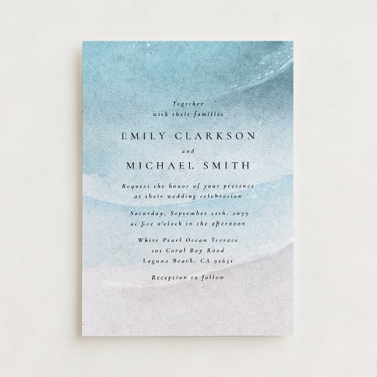 Watercolor Blue Coastal Beach Wedding Invitation 案内状
