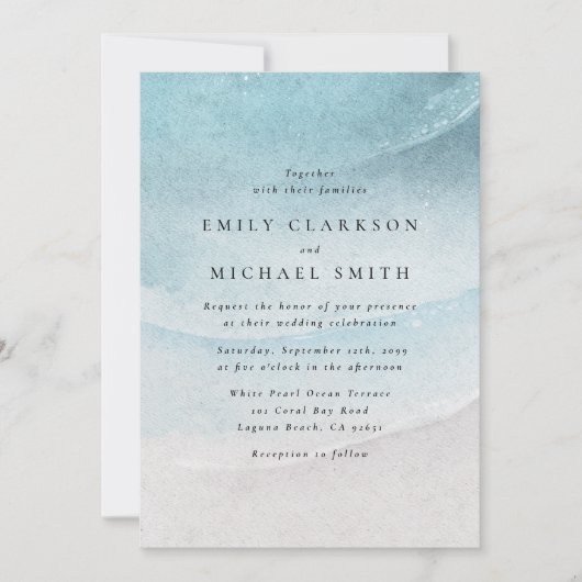 Watercolor Blue Coastal Beach Wedding Invitation 案内状 (正面)