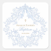  watercolor blue crest baby boy Baptism スクエアシール (正面)