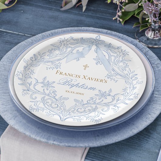  watercolor blue crest baby boy Baptism ペーパープレート