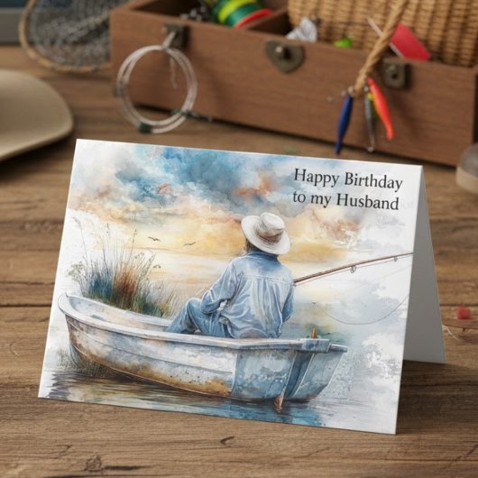 Watercolor Blue Fishing Husband Happy Birthday カード