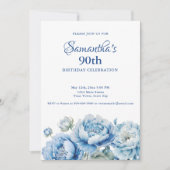 Watercolor Blue Floral 90th Birthday Party 招待状 (正面)