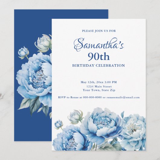 Watercolor Blue Floral 90th Birthday Party 招待状 (正面/裏面)