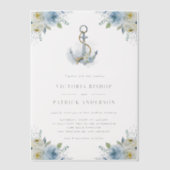 Watercolor Blue Floral Anchor Coastal Wedding ベラム紙招待状 (正面)