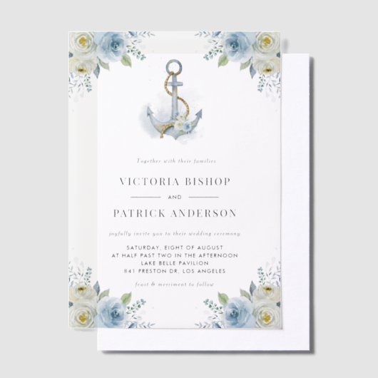 Watercolor Blue Floral Anchor Coastal Wedding ベラム紙招待状 (オフセット)