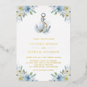 Watercolor Blue Floral Anchor Nautical Wedding 箔招待状 (正面)