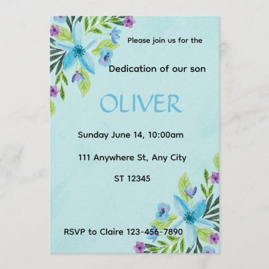 ​Watercolor Blue Floral  Boy Dedication Invitation 招待状 (正面)