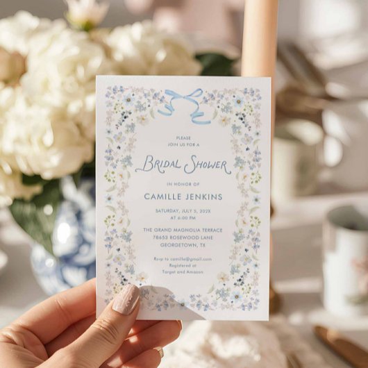 Watercolor Blue Floral Bridal Brunch Bow Invitatio 招待状