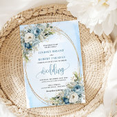 Watercolor Blue Floral Gold Frame Wedding Invite 招待状