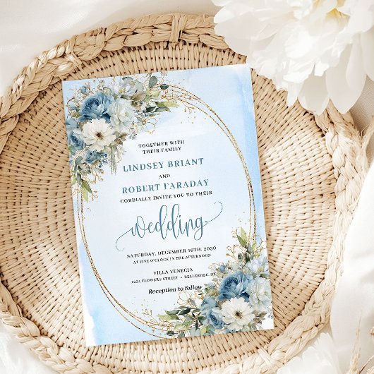 Watercolor Blue Floral Gold Frame Wedding Invite 招待状