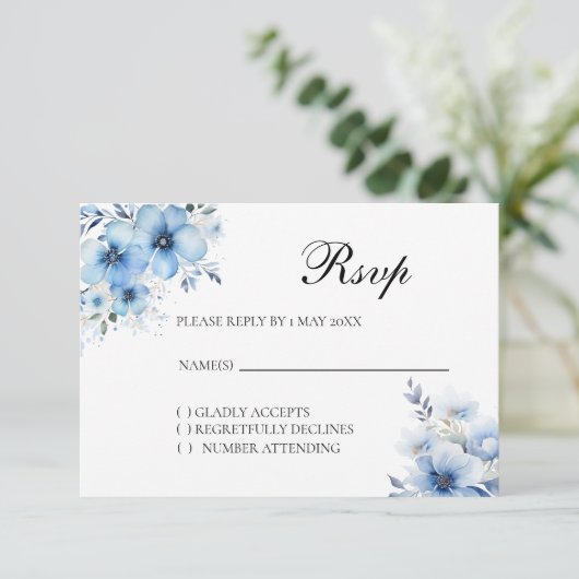 Watercolor Blue Floral RSVP card (スタンド正面)