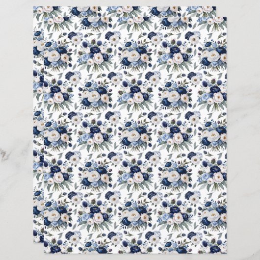 Watercolor Blue Floral Scrapbook Paper (正面/裏面)