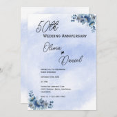 Watercolor Blue Floral Wedding Anniversary  招待状 (正面/裏面)