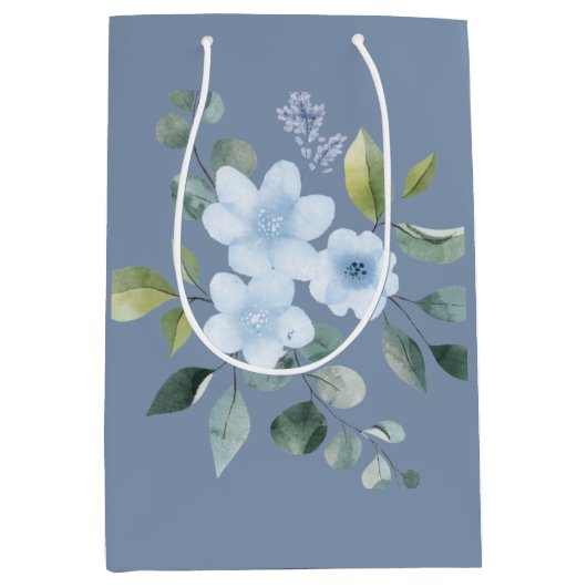 Watercolor Blue Floral Wedding Gift Bag ミディアムペーパーバッグ (正面)