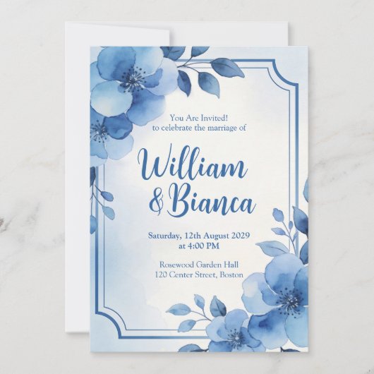 Watercolor Blue Floral Wedding Invitation 招待状 (正面)
