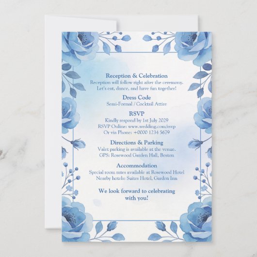 Watercolor Blue Floral Wedding Invitation 招待状 (裏面)