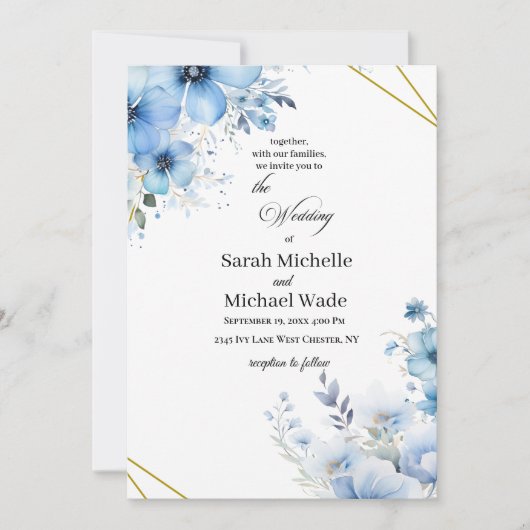 Watercolor blue floral Wedding Invitation 招待状 (正面)