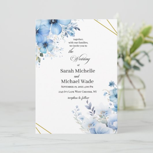 Watercolor blue floral Wedding Invitation 招待状 (スタンド正面)