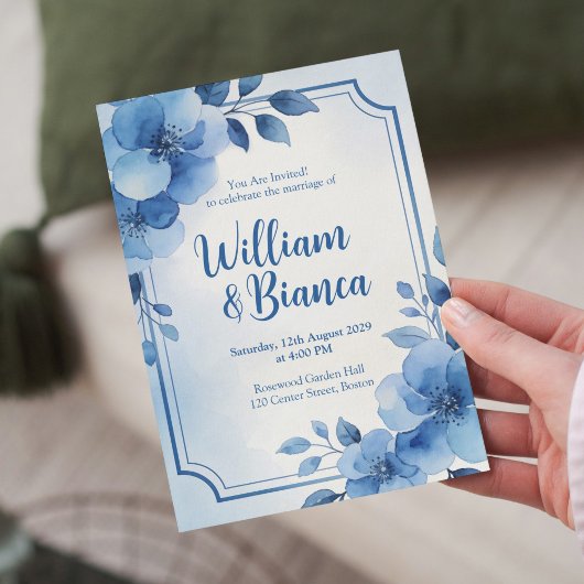 Watercolor Blue Floral Wedding Invitation 招待状