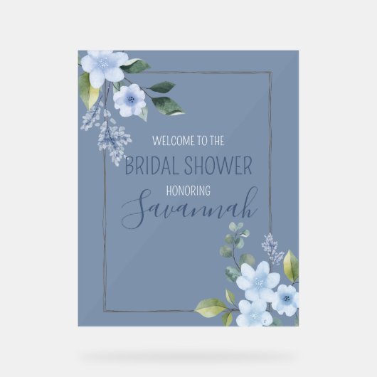 Watercolor Blue Floral Wedding Shower Welcome アクリルサイン (正面)
