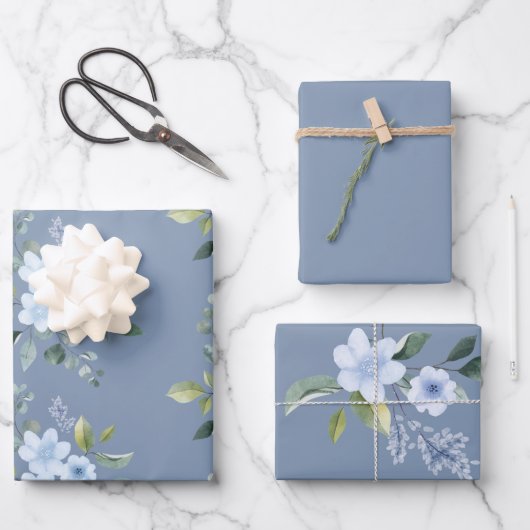 Watercolor Blue Floral Wedding Wrapping Paper  ラッピングペーパーシート (正面)