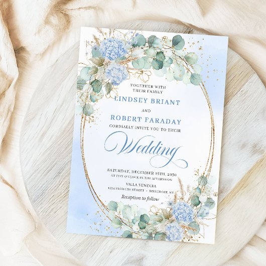 Watercolor Blue Floral Wheat Gold Wedding Invites 招待状