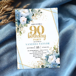 Watercolor Blue Flowers 90th Birthday Elegant  招待状