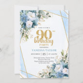 Watercolor Blue Flowers 90th Birthday Elegant  招待状 (正面)