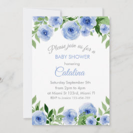 Watercolor Blue Flowers Baby Shower Invitation 招待状