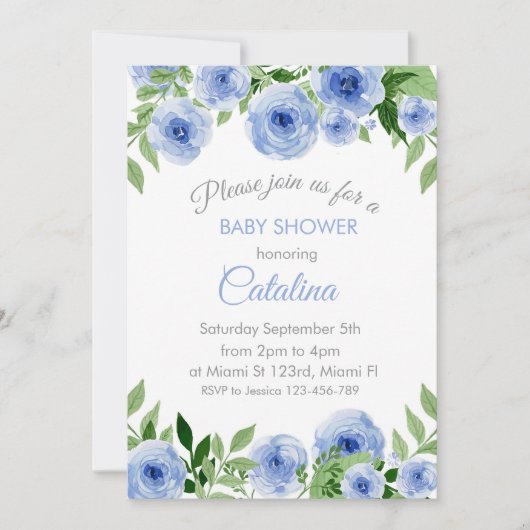 Watercolor Blue Flowers Baby Shower Invitation 招待状 (正面)