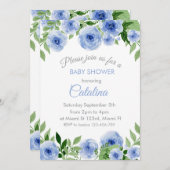 Watercolor Blue Flowers Baby Shower Invitation 招待状 (正面/裏面)