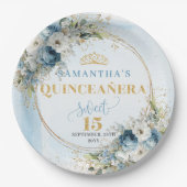 Watercolor Blue Flowers Eucalyptus Gold Name Plate ペーパープレート (正面)